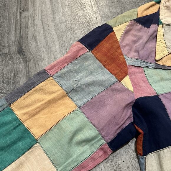 VTG 60s/70s Colorful Patchwork Linen Hippie Dagger Collar Boho Mens Button Shirt - Picture 6 of 7